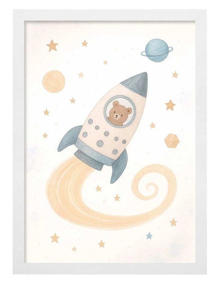 Australian Made Rocket Teddy Kids Art Print White Frame image 1