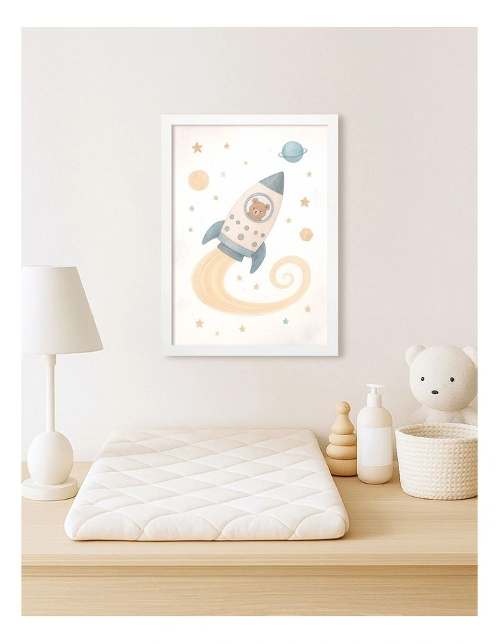 Australian Made Rocket Teddy Kids Art Print White Frame image 2