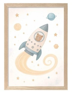 Australian Made Rocket Teddy Kids Art Print Natural Frame