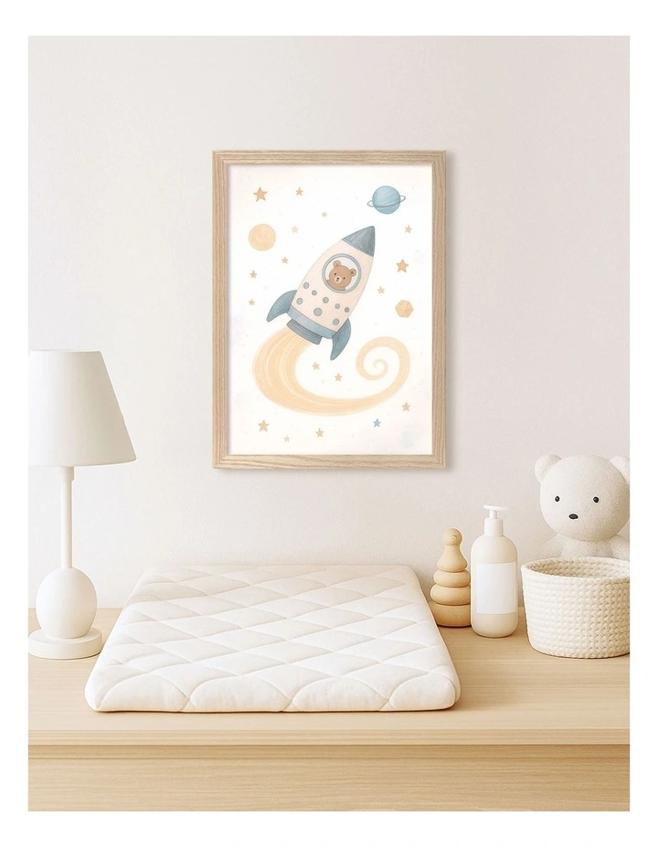 Australian Made Rocket Teddy Kids Art Print Natural Frame image 2