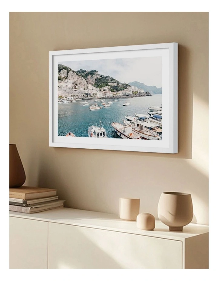Australian Made Amalfi Coast Boats 2 Art Print Frame in White image 2
