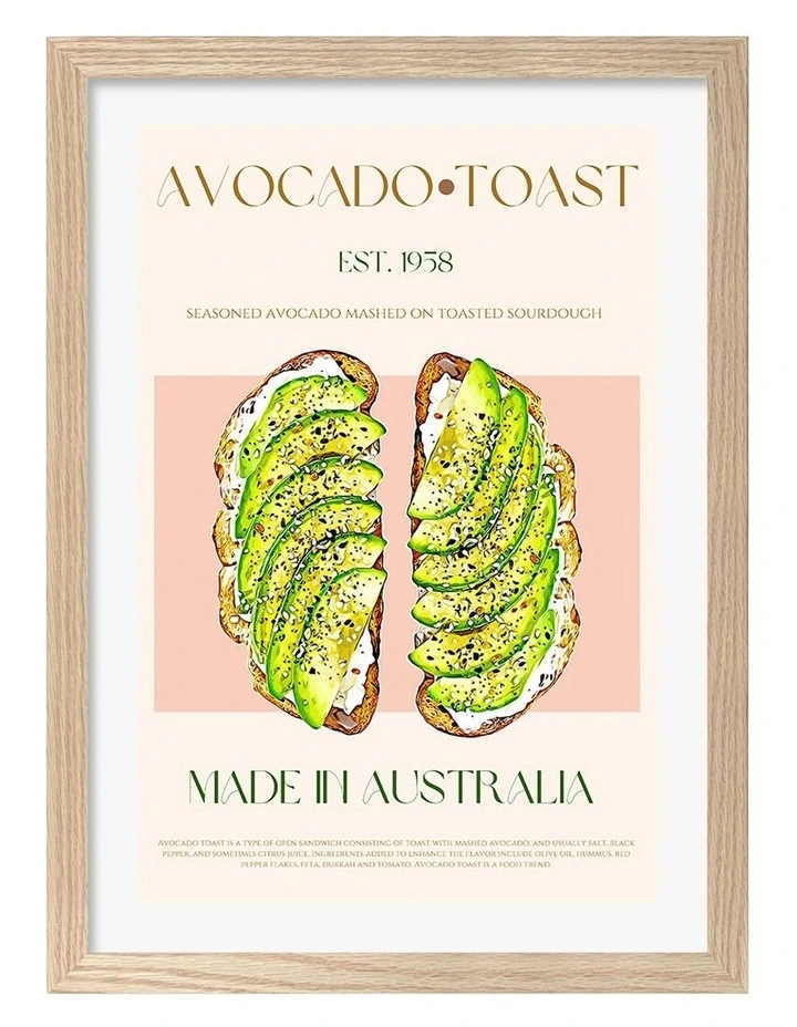 Australian Made Avocado On Toast Print Wall Art Frame in Natural Oak image 1
