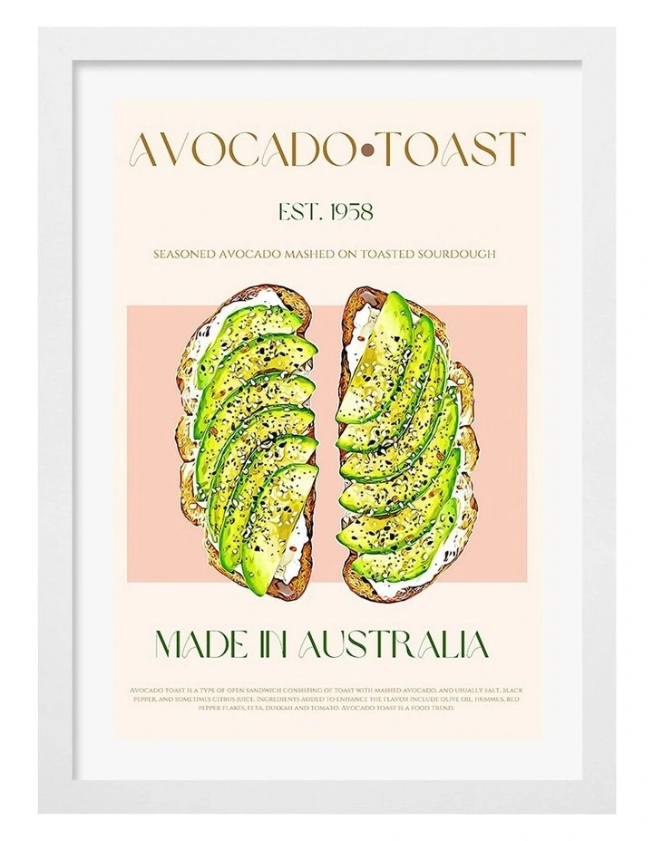 Australian Made Avocado On Toast Print Wall Art Frame in White image 1