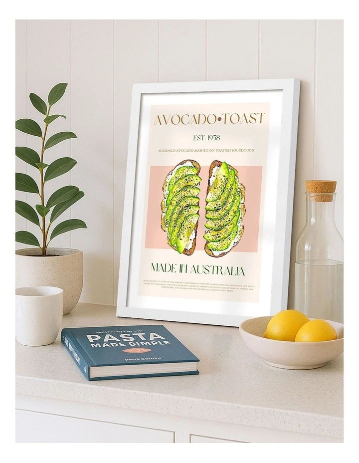 Australian Made Avocado On Toast Print Wall Art Frame in White image 2