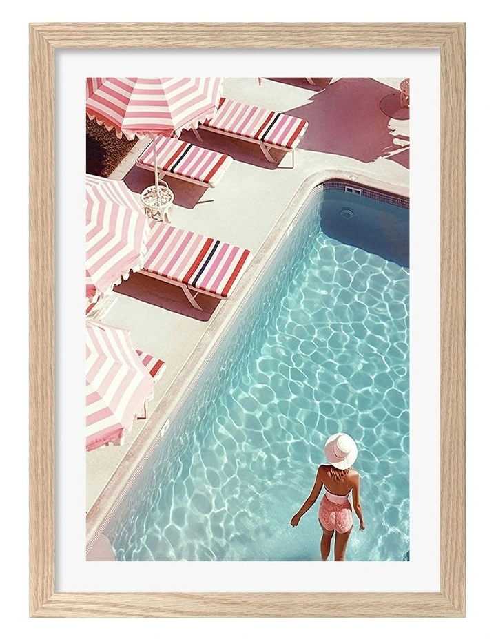 Australian Made Barbiecore Pool Print Wall Art Frame in Natural Oak image 1