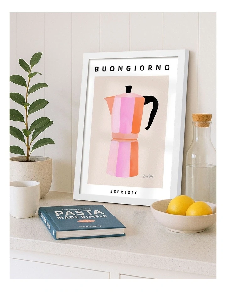 Australian Made Espresso Buongiorno Print Wall Art Frame in White image 2
