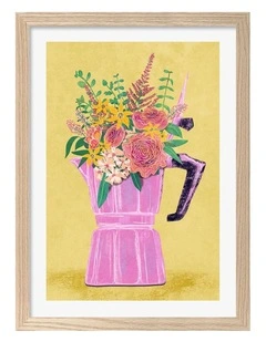 Australian Made Espresso Maker Flowers Print Wall Art Frame in Natural
