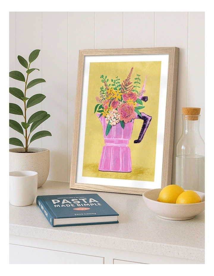 Australian Made Espresso Maker Flowers Print Wall Art Frame in Natural image 2