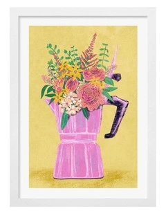 Australian Made Espresso Maker Flowers Print Wall Art Frame in White