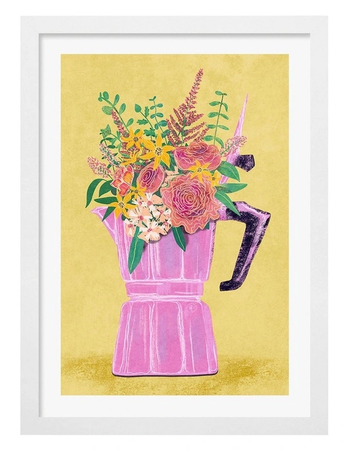 Australian Made Espresso Maker Flowers Print Wall Art Frame in White image 1