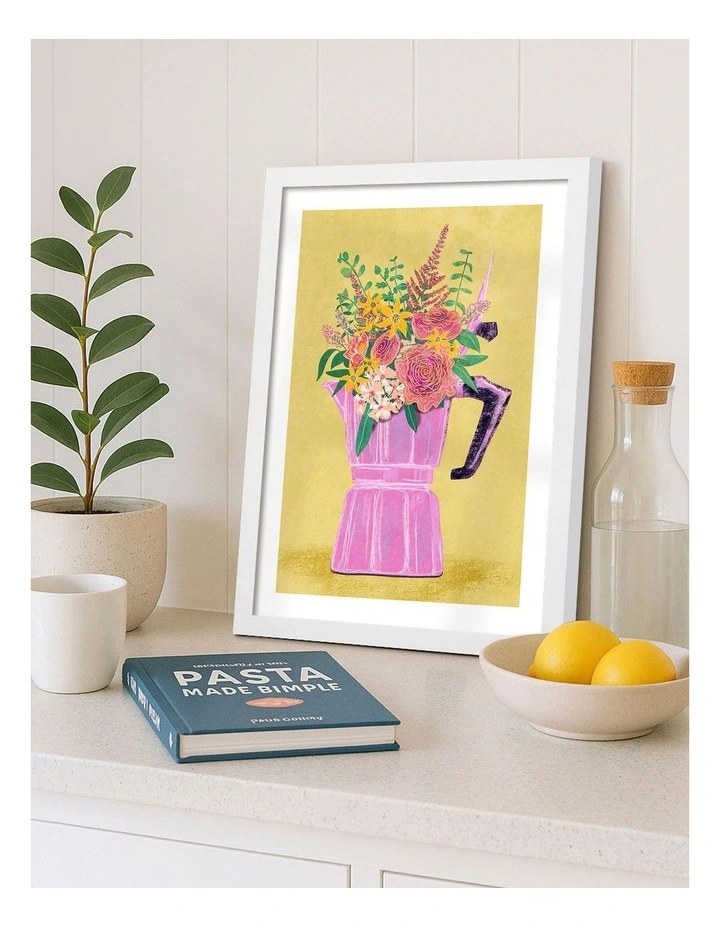 Australian Made Espresso Maker Flowers Print Wall Art Frame in White image 2
