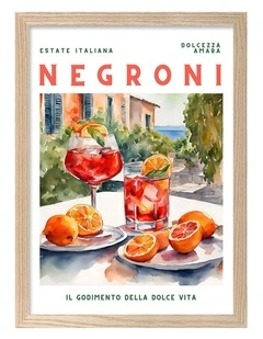 Negroni Cocktail Print Frame in Natural Oak