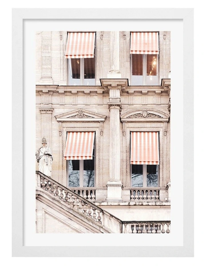 Striped Paris Awning Framed Print in White image 1