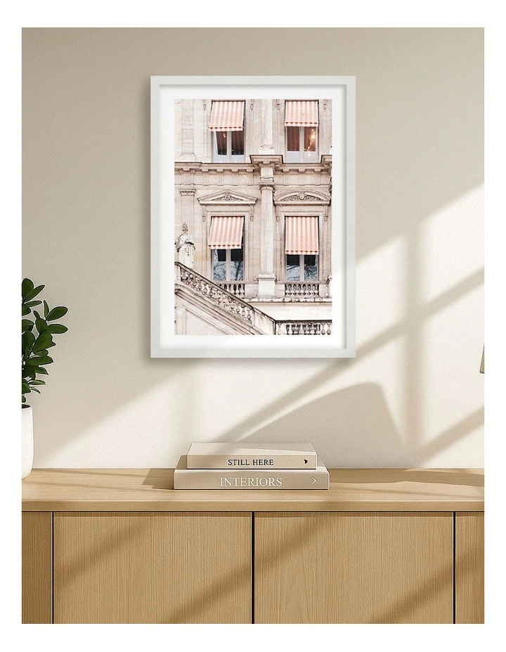 Striped Paris Awning Framed Print in White image 2