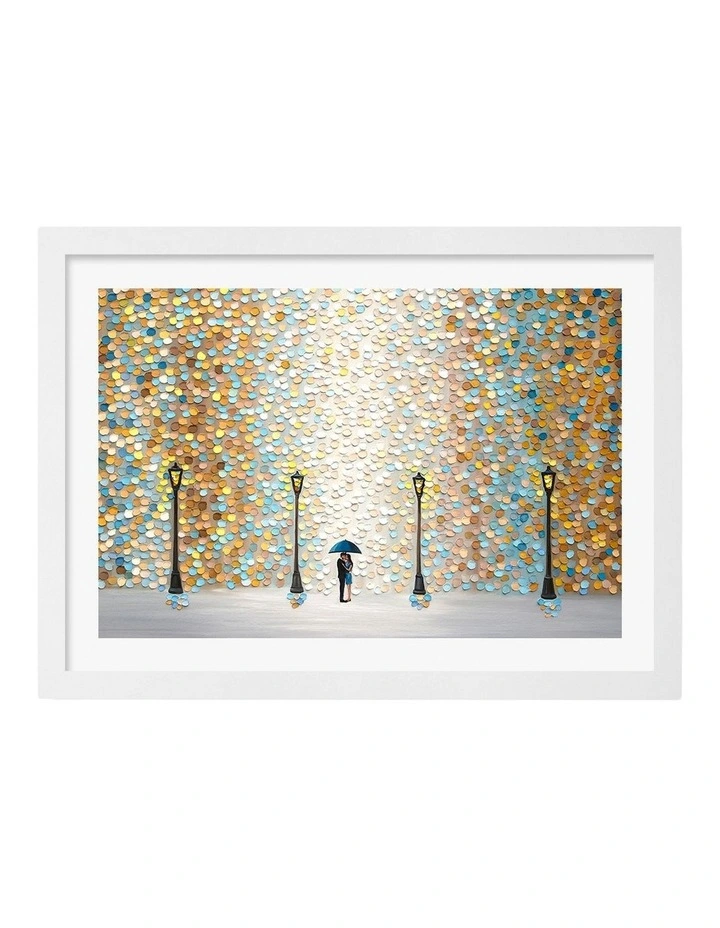 Australian Made Kiss Under Rain Art Print Frame in White image 1