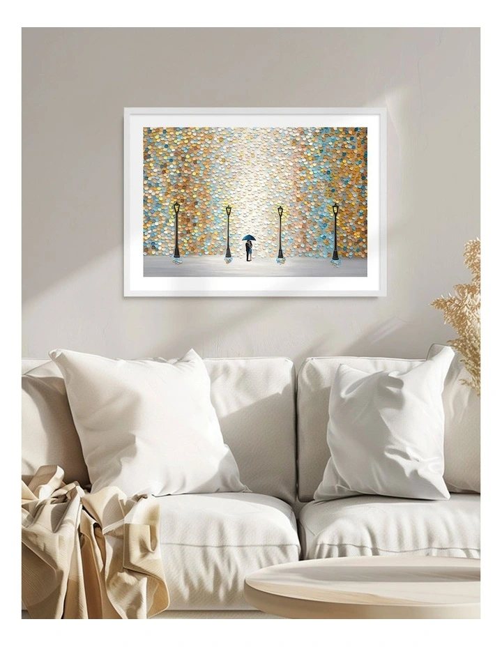 Australian Made Kiss Under Rain Art Print Frame in White image 2