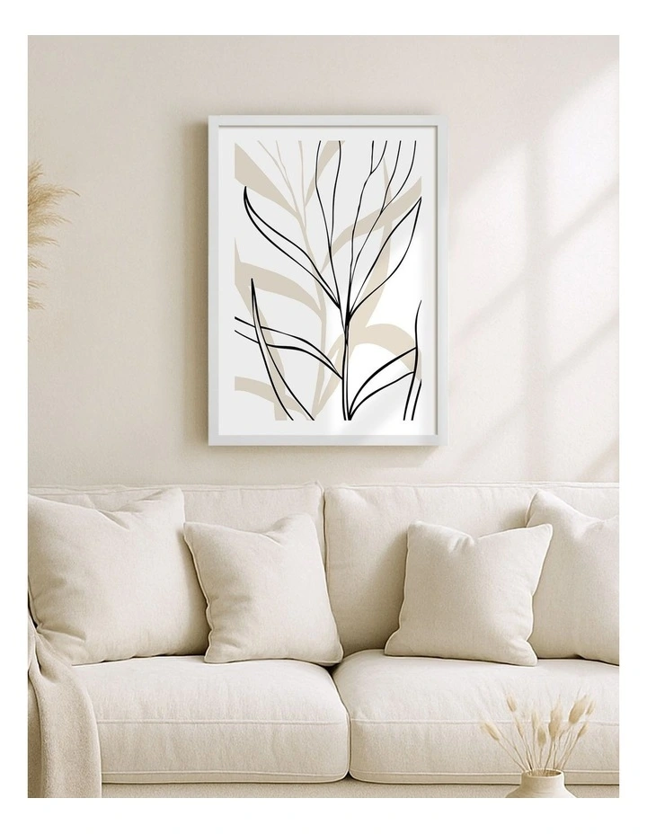 Australian Made Lively Line Leaves Art Print Frame in White image 2