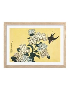Australian Made The Hydrangeas and Swallow Art Print Natural Frame