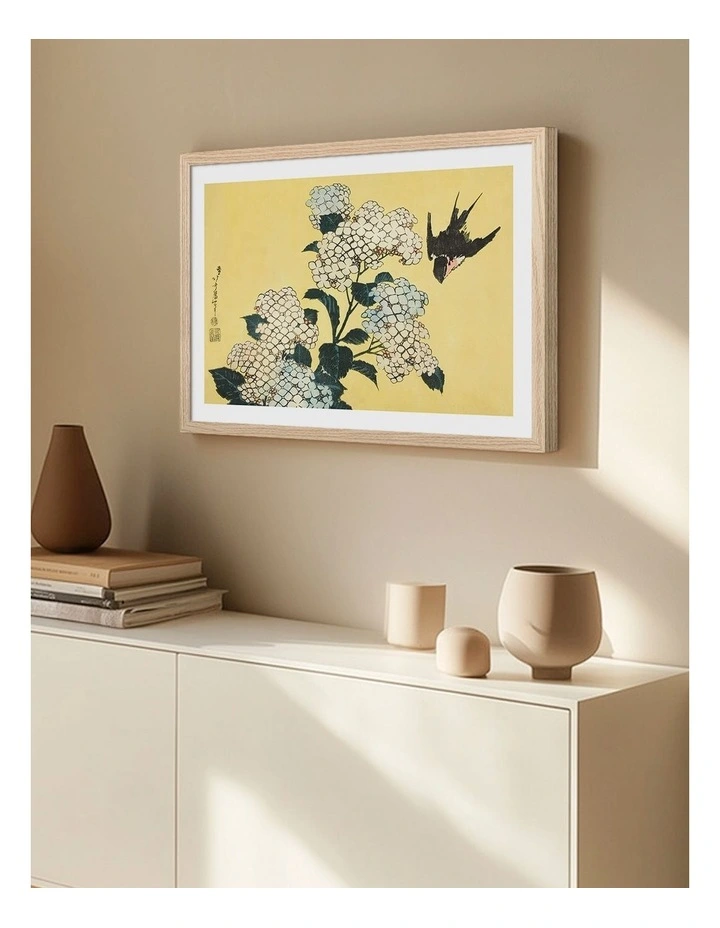 Australian Made The Hydrangeas and Swallow Art Print Natural Frame image 2