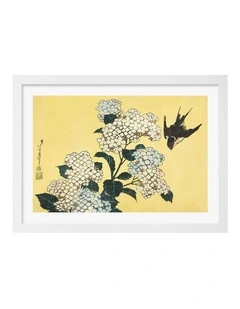 The Hydrangeas and Swallow Art Print Frame in White
