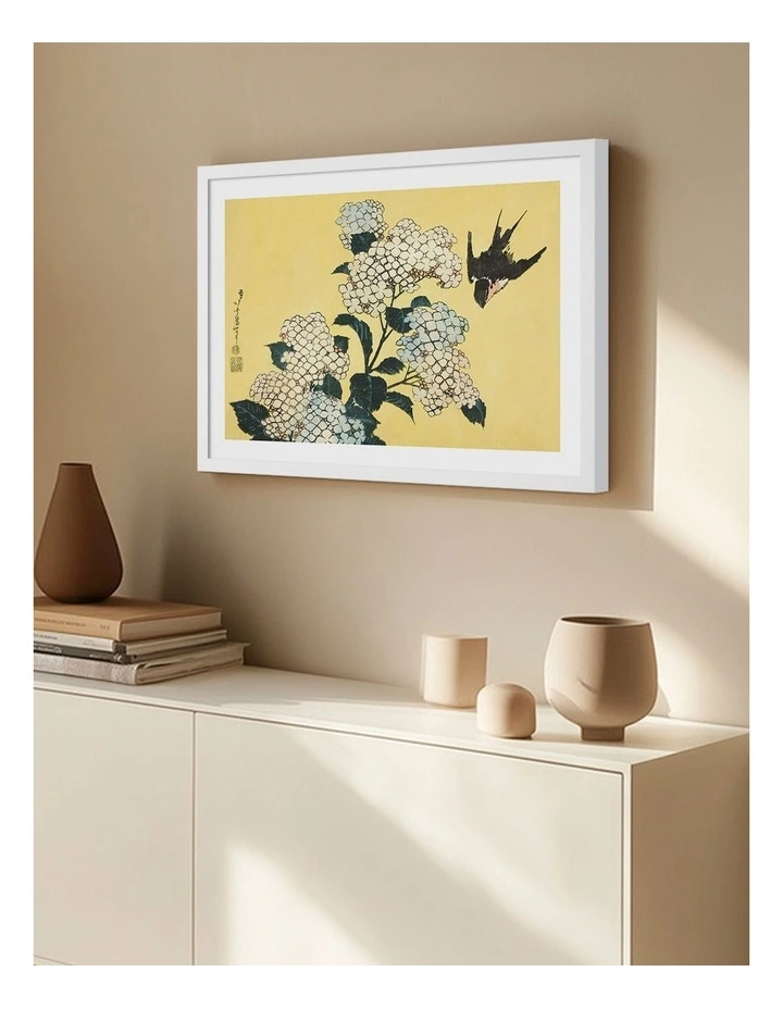 The Hydrangeas and Swallow Art Print Frame in White image 2