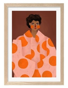 Australian Made Woman With Orange Dots Art Print Natural Frame