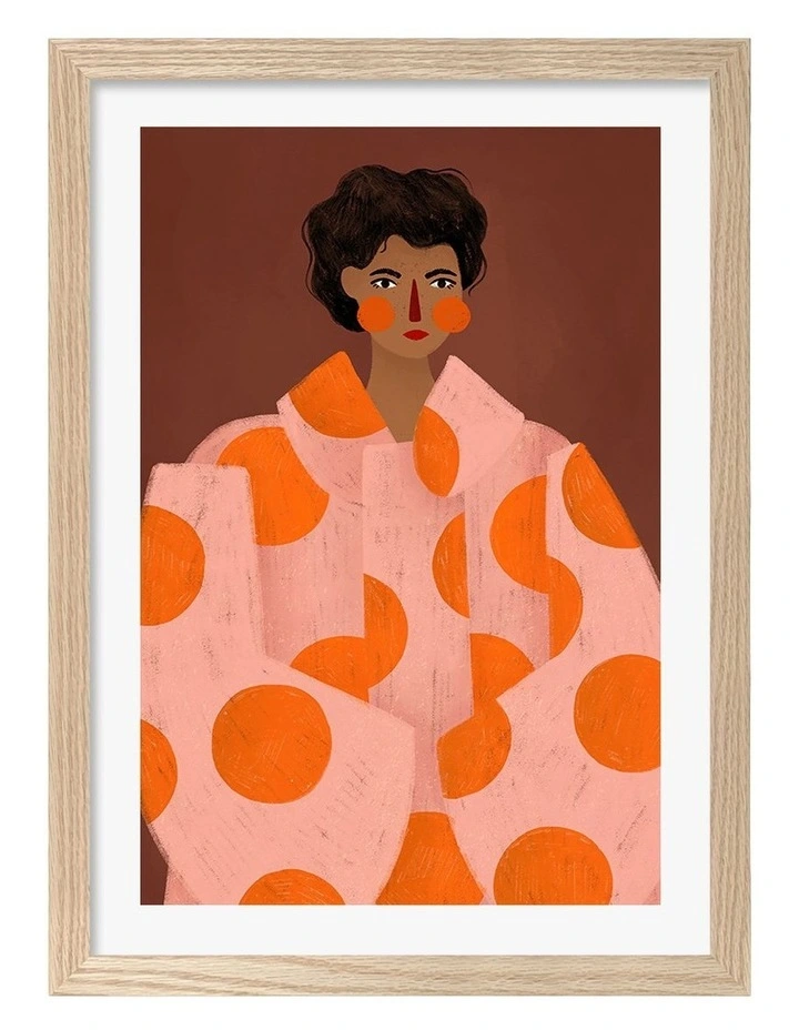 Australian Made Woman With Orange Dots Art Print Natural Frame image 1
