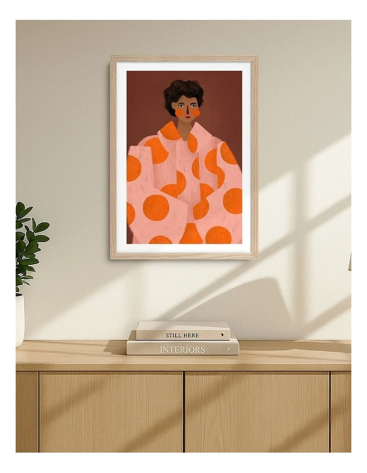 Australian Made Woman With Orange Dots Art Print Natural Frame image 2