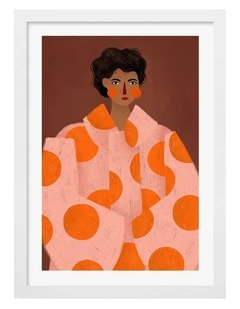 Australian Made Woman With Orange Dots Art Print White Frame