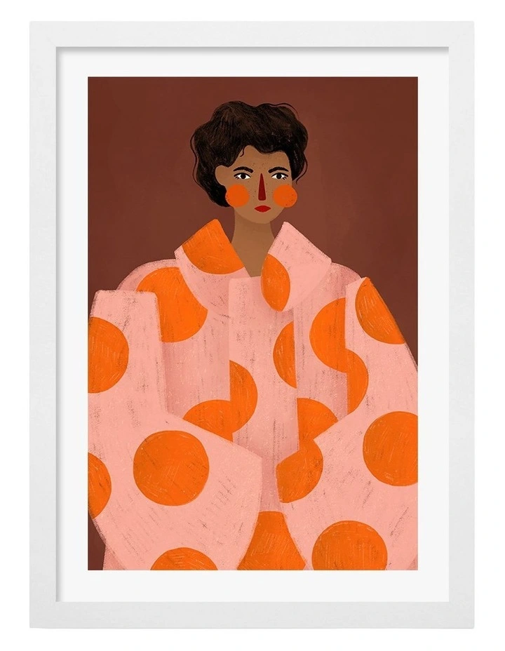 Australian Made Woman With Orange Dots Art Print White Frame image 1