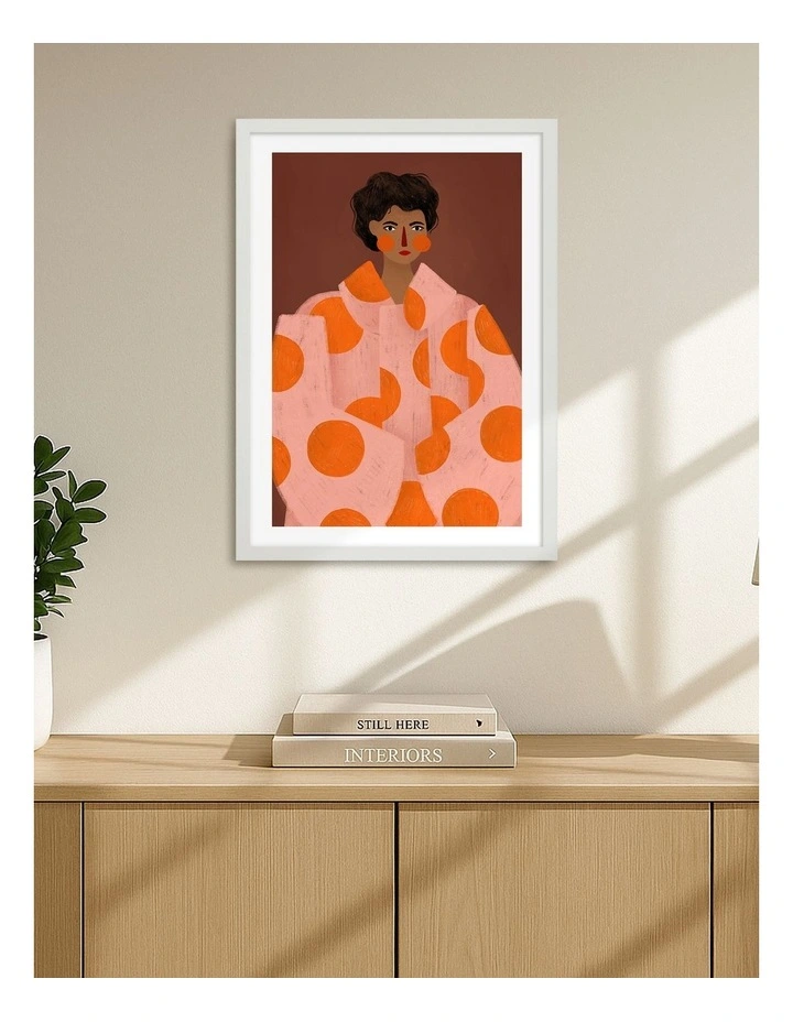Australian Made Woman With Orange Dots Art Print White Frame image 2