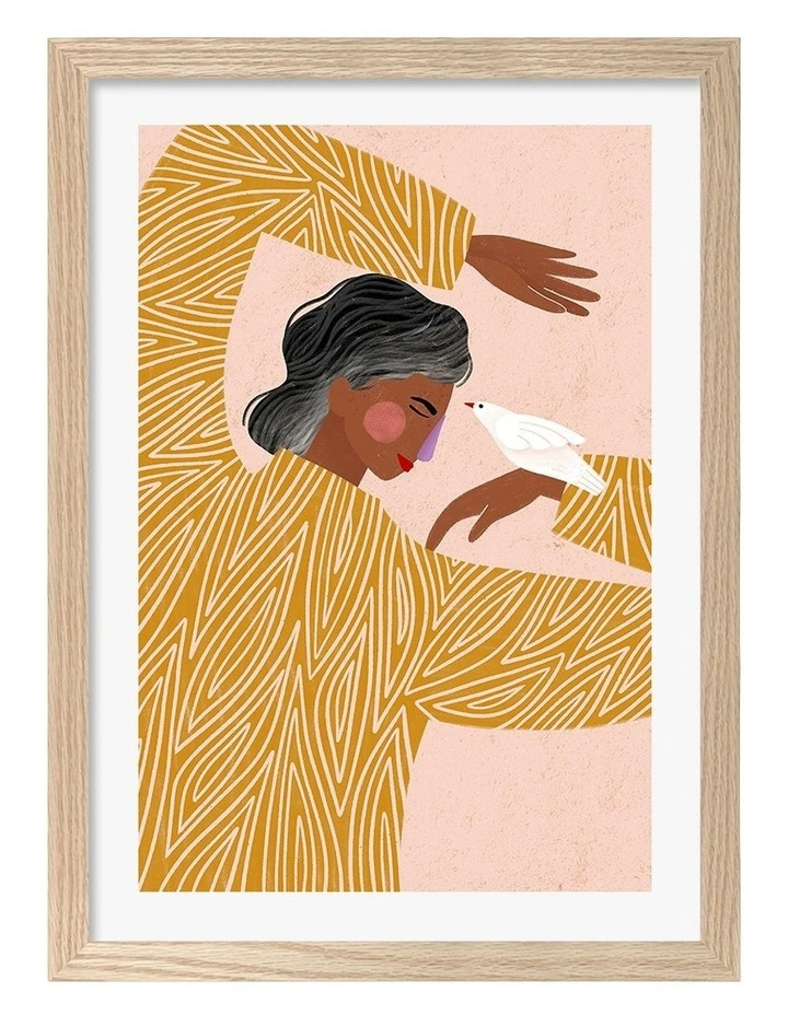 Australian Made Woman With The Bird Art Print Natural Frame image 1