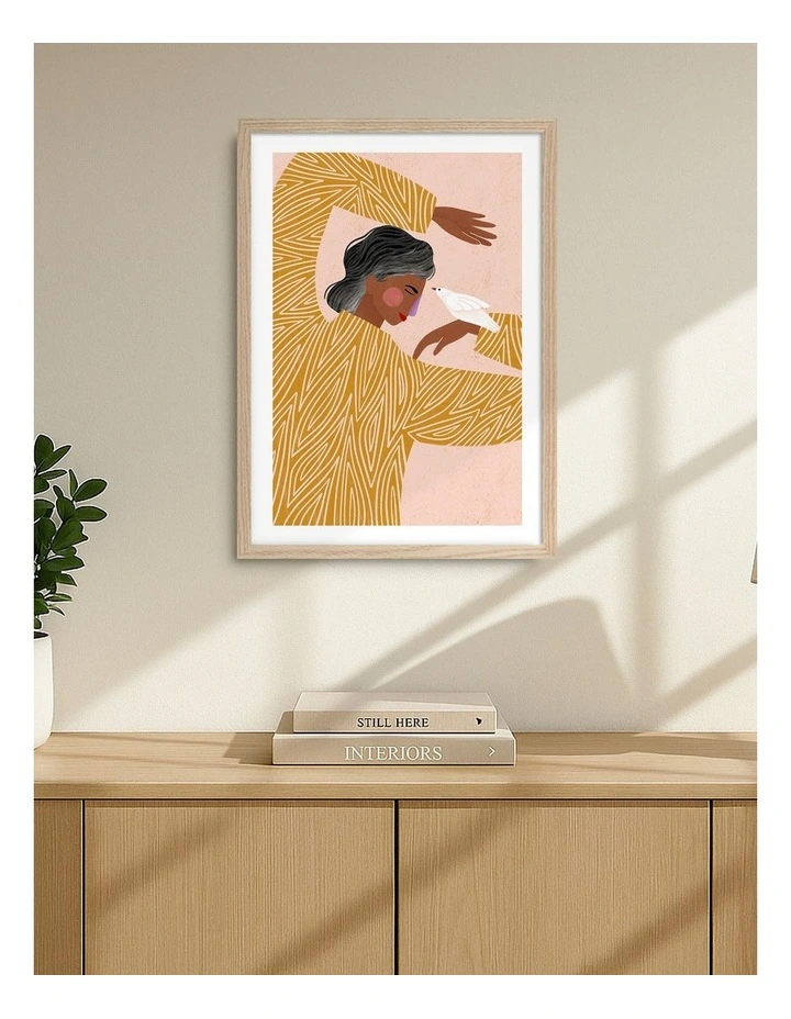 Australian Made Woman With The Bird Art Print Natural Frame image 2