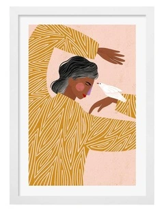 Australian Made Woman With The Bird Art Print White Frame
