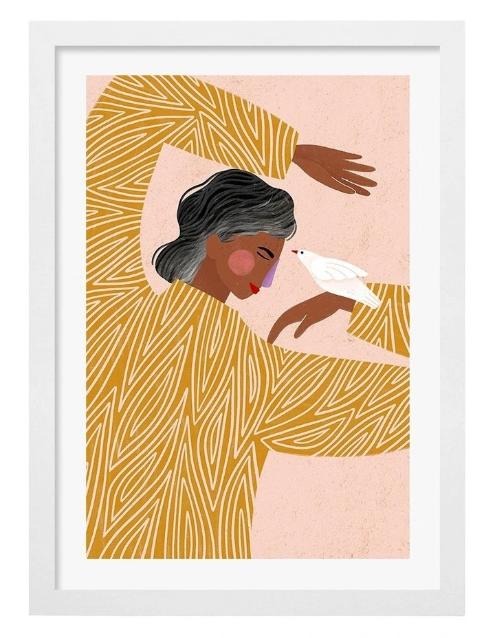 Australian Made Woman With The Bird Art Print White Frame image 1