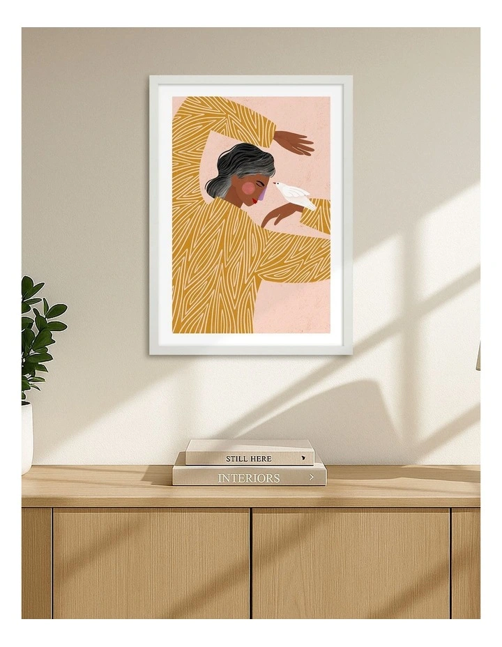 Australian Made Woman With The Bird Art Print White Frame image 2