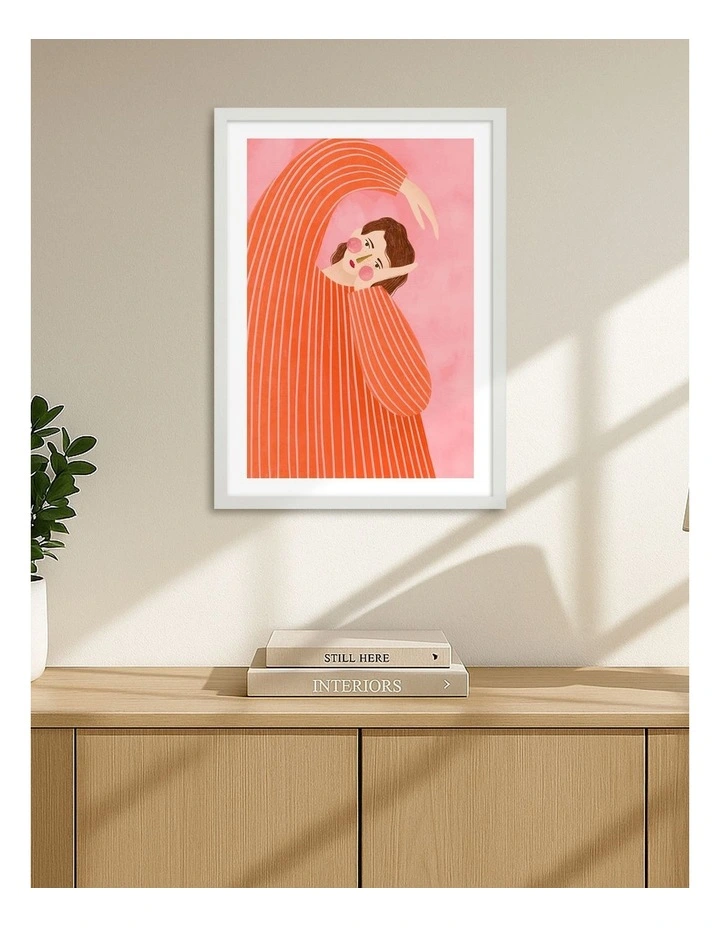 Australian Made Woman With The Orange Dress Art Print White Frame image 2