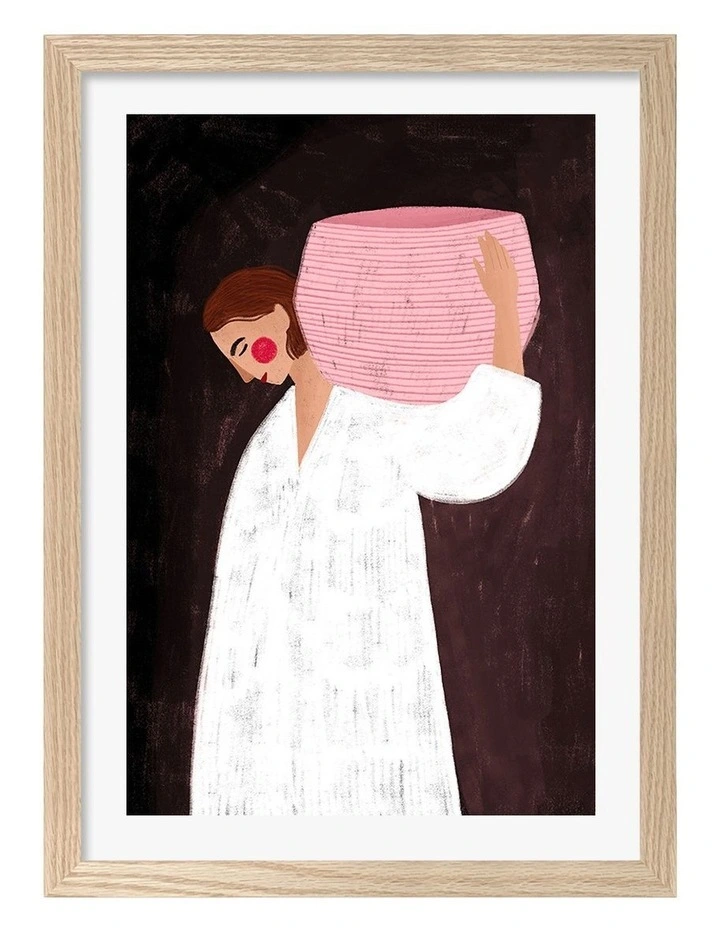 Australian Made Woman With The Pink Basket Art Print Natural Frame image 1