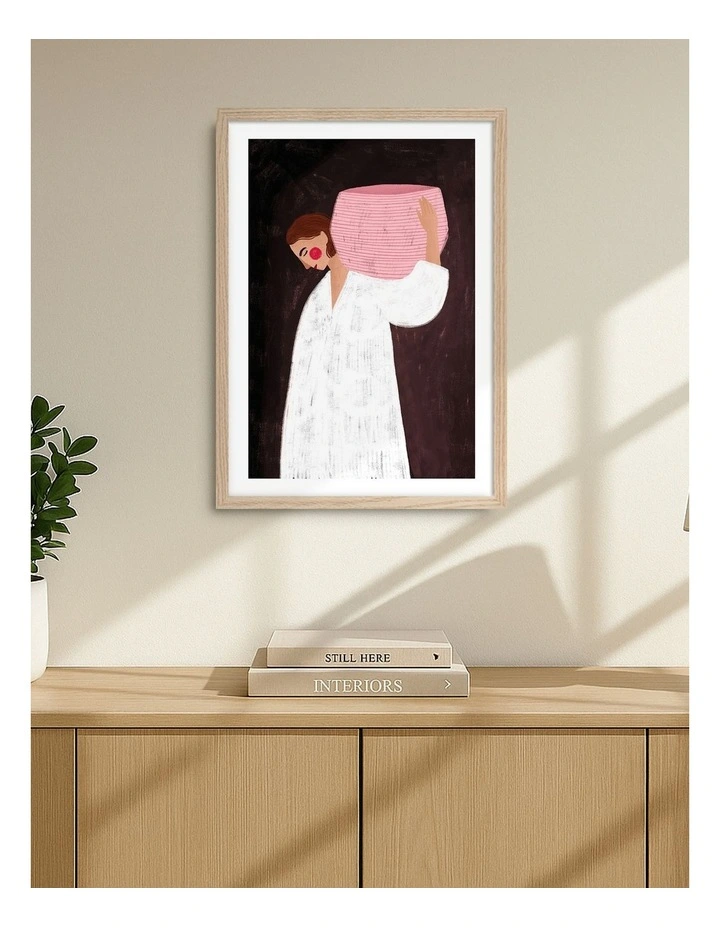 Australian Made Woman With The Pink Basket Art Print Natural Frame image 2
