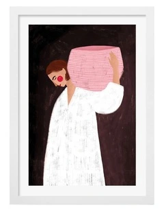 Australian Made Woman With The Pink Basket Art Print White Frame