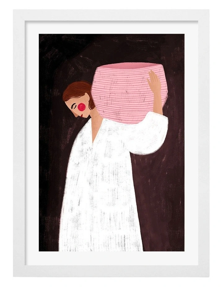 Australian Made Woman With The Pink Basket Art Print White Frame image 1