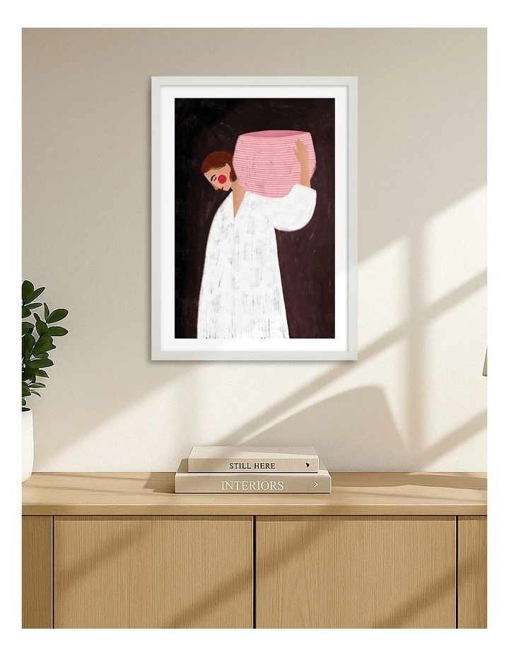 Australian Made Woman With The Pink Basket Art Print White Frame image 2
