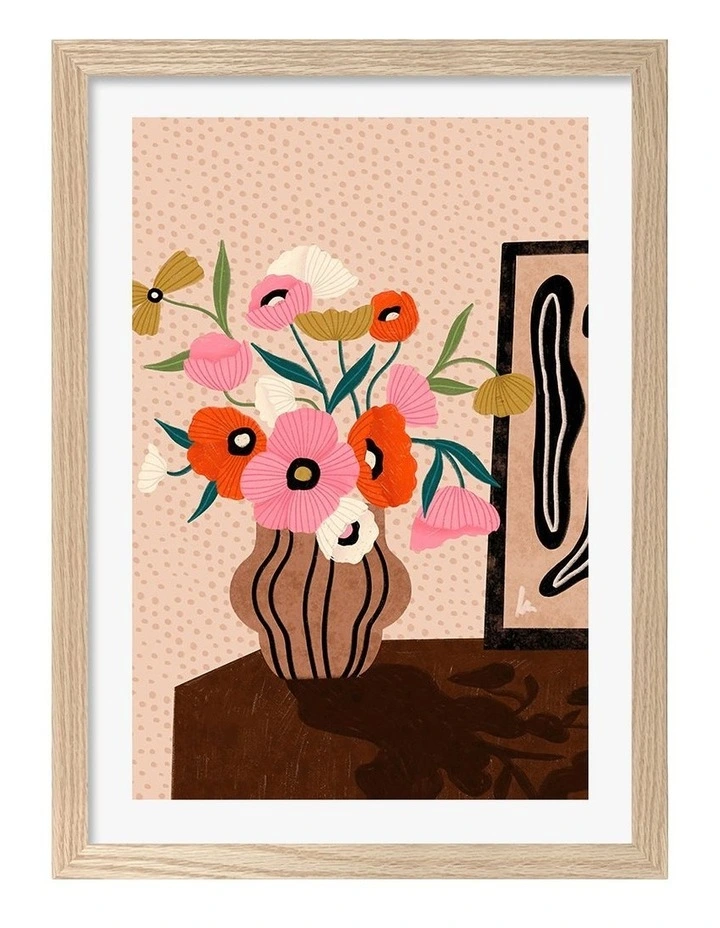 Flowers On Sideboard Art Print Frame in Natural image 1