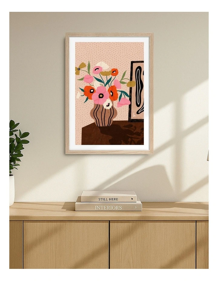 Flowers On Sideboard Art Print Frame in Natural image 2
