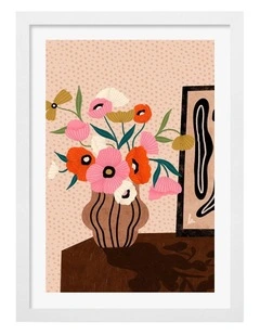 Flowers On Sideboard Art Print Frame in White