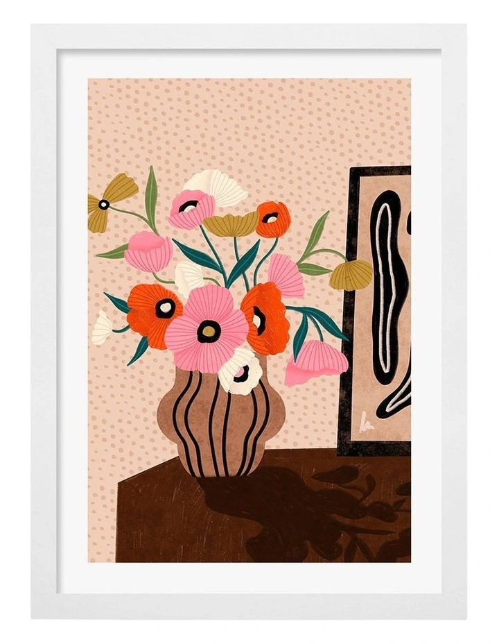 Flowers On Sideboard Art Print Frame in White image 1