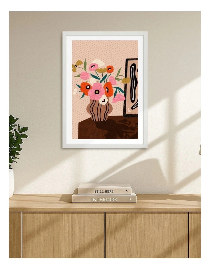 Flowers On Sideboard Art Print Frame in White image 2