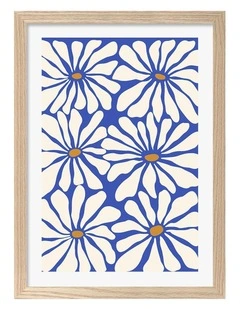 Australian Made Bold Blue Daisies Art Print Natural Frame