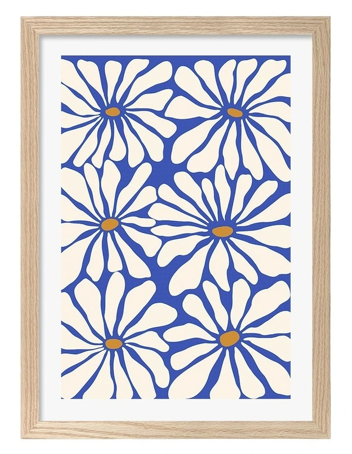 Australian Made Bold Blue Daisies Art Print Natural Frame image 1