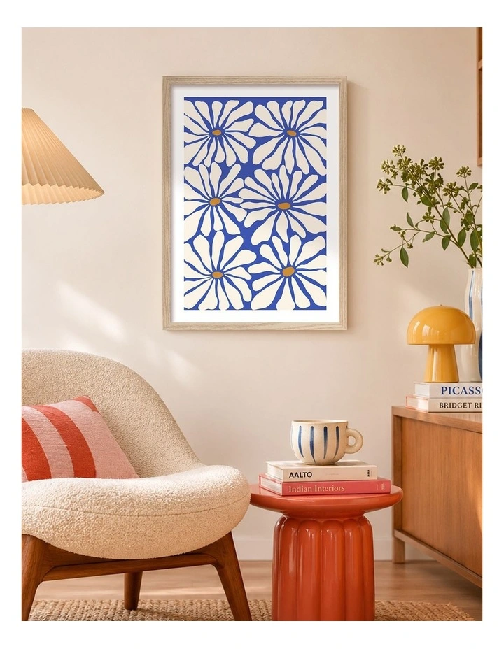 Australian Made Bold Blue Daisies Art Print Natural Frame image 2